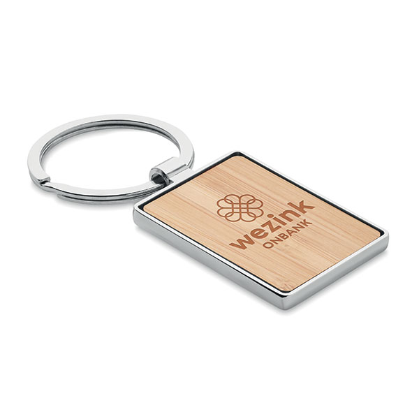 Shaped Metal and Bamboo Key Ring - Engraved