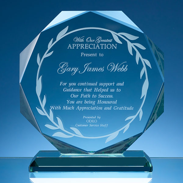14.5cm x 15mm Jade Glass Facetted Octagon Award - Engraved